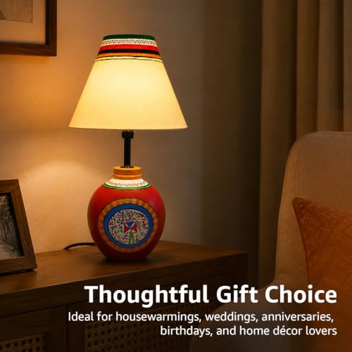 Image of Amazon Basics Warli Whispers Red Table Lamp | Hand-Painted Terracotta Kalash Base with Polyester Shade | E14 Holder | Decorative Night Lamp for Bedroom, Living Room & Study Room | Home Decor Gift