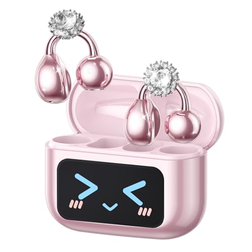Image of PAXA Stylish Open Ear Clip On Earbuds with Removable Diamond Earring, Clip On Headphones with LCD Touch Screen, Fashionables Open Ear Headphones for Women, Diamond Earring Rose Gold Earbuds M100