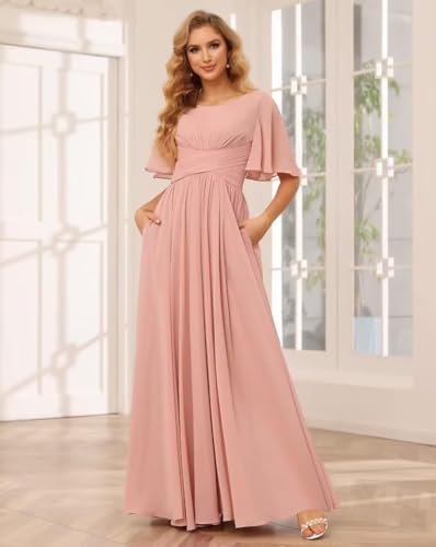 Scoop Flutter Sleeve Bridesmaid Dresses with Pockets A-Line Long Chiffon Formal Party Dress RO1584