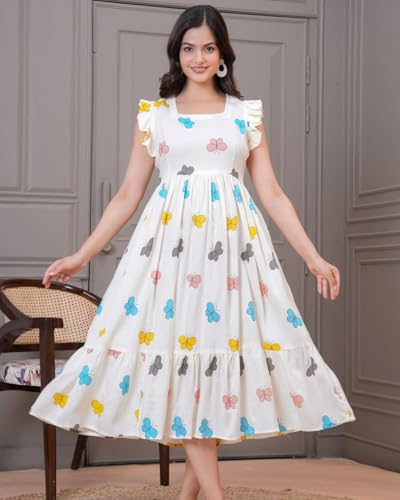Image of ROYALICA Women's Pure Cotton Floral Printed Maxi Midi Western Dress