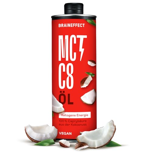 BRAINEFFECT Aceite MCT 100% C8 - Calidad alemana - Aceite C8 puro (sin C10) extracto de coco de primera calidad - 1000 ml - Botella metálica protectora