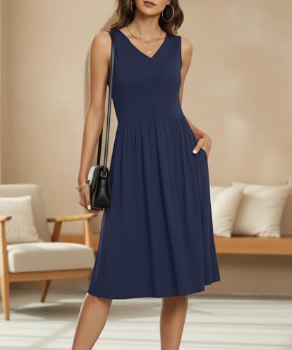 Image of NILOUFO Sleeveless Dress for Women Summer Knee Length Sundress with Pockets | Sundresses for Women Tank Empire Waist Sun Dress Cold Shoulder Casual V Neck Midi Dress Flowy Summer Dresses for Women