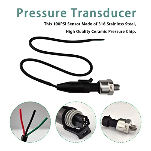 Flylin Pressure Transducer Sender Sensor with Connector, 1/8"NPT Thread Stainless Steel Pressure Sensor for Oil Fuel Air Water (100PSI)