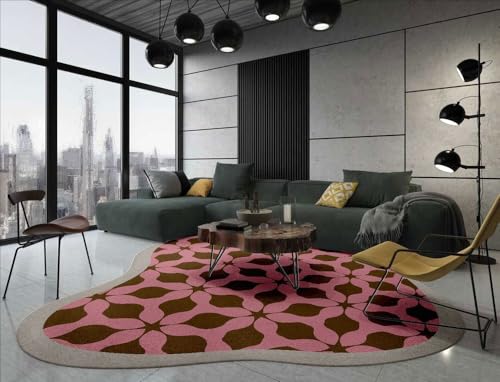 Rose Pink Brown Irregular Shaped Rug Mid Century Modern Geometric