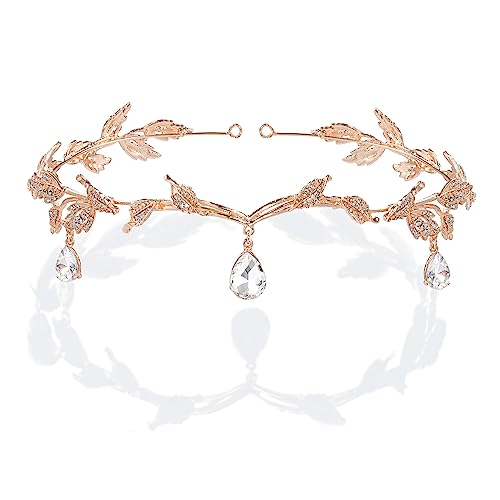 BABEYOND Crystal Leaf Wedding Diadem Headband Bridal Bridesmaid Forehead Band Rhinestone Bridal Tiara Crown with Gift Box, Rose Gold, One size