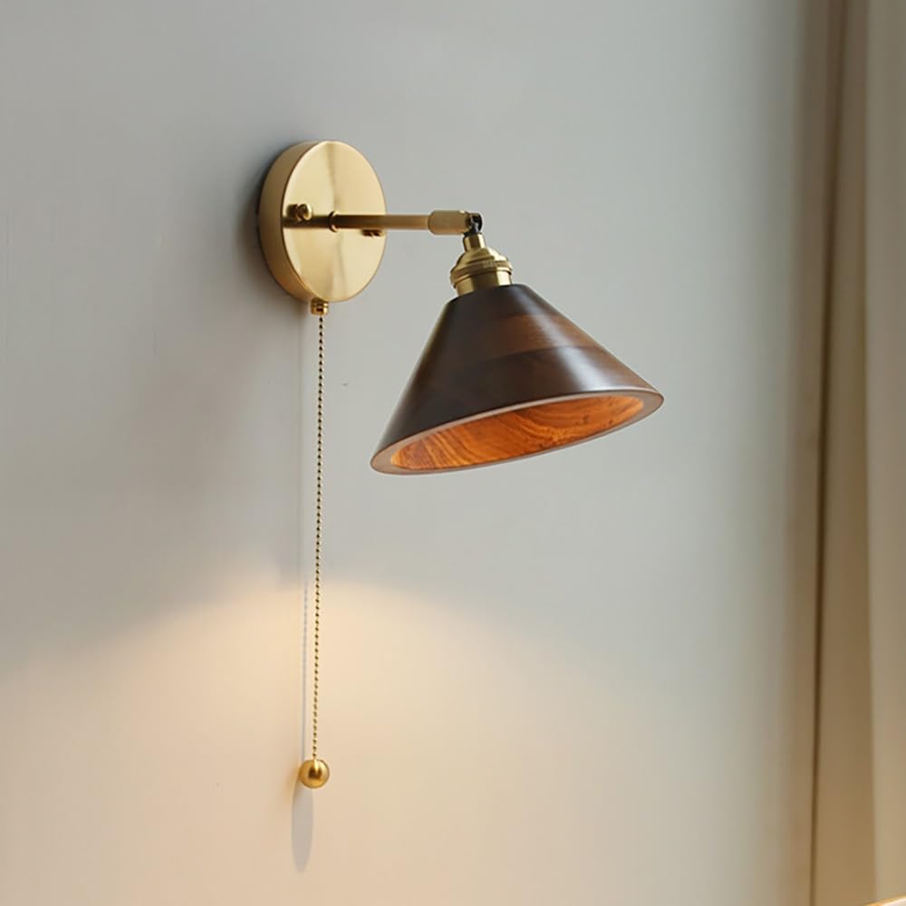 COSRUB Mid Century Wood Wall Sconce Light, Adjustable Walnut Wall Lamps Pull Chain Switch Retro Farmhouse Geometry Wall Lighting for Bedroom Bedside Study Entryway(Cone)