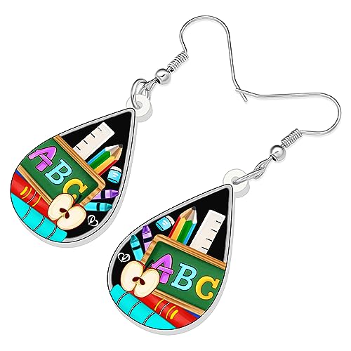 Acrylic Globe Pencil Earrings Dangle Jewelry Ruler Eraser Stationery Sets for Kids Teachers Women Girls Back to School Gifts (Teardrop ABC)3