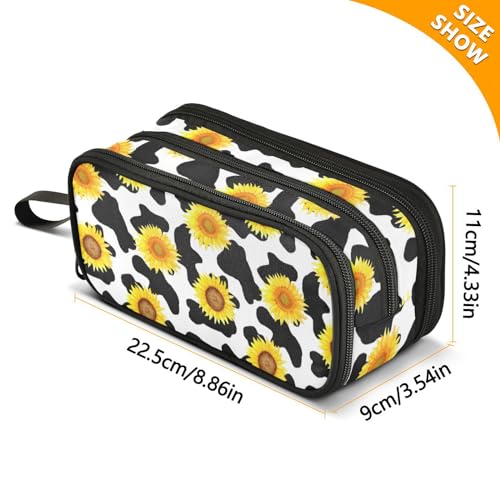 Image of Pencil Case Big Capacity Milk Cow Print Sunflower Handheld 3 Compartments Pencil Pouch Portable Large Storage Canvas Pencil Bag for Boys Girls Adults Students