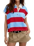 Tankaneo Womens Short Sleeve Rugby Shirt Collared Striped Polo Shirts Tops