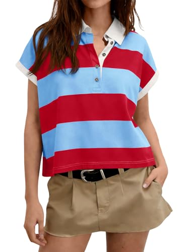 Tankaneo Womens Striped Polo Shirts Summer Short Sleeve Rugby Shirt Oversized Cotton Collared Casual Loose Cropped Tee Tops