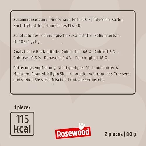 Rosewood Chewy Bones Ente Medium – Kauknochen für Hunde, Kausnack aus Rinderhaut mit Ente, unterstützt die Zahnpflege, ohne Getreide, ohne künstliche Zusatzstoffe, 80 g
