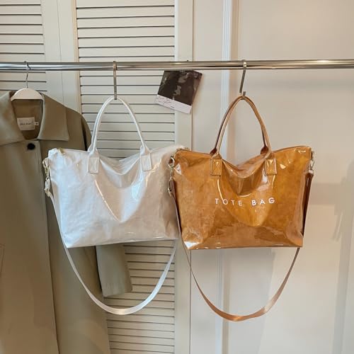 Image of PVC Tote Bag Gifts for Women Large Tote Purse Kraft Paper Letter Print Hobo Handbags for Work Beach Shopping Travel