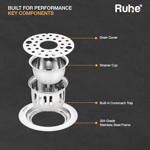 Image of Ruhe Round Floor Drain with Lock and Hole (5 Inches) | 304-Grade Stainless Steel Drain Jali with Cockroach Trap | Floor Drainer for Bathroom