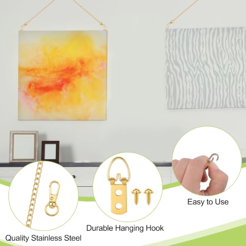 Image of Picture Hanging Kit, 6Pcs Stainless Steel Chains with Hooks & 12Pcs D Ring Picture Hangers for Hanging Mirror Curtain Photo Frame(Gold, 1M)
