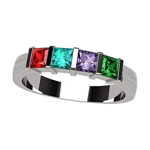 Central Diamond Center Princess Channel Set Mothers Ring with 1 to 6 Simulated Birthstones - Silver - Size 9 Cover