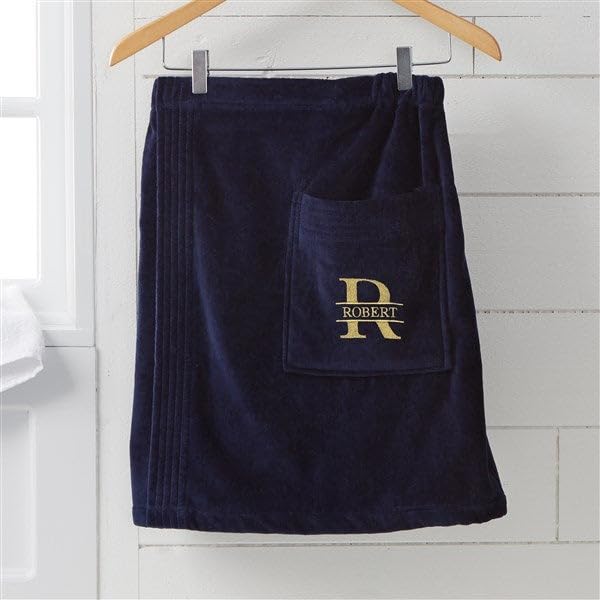 Personalization Universe Lavish Last Name Men's Embroidered Navy Velour Towel Wrap