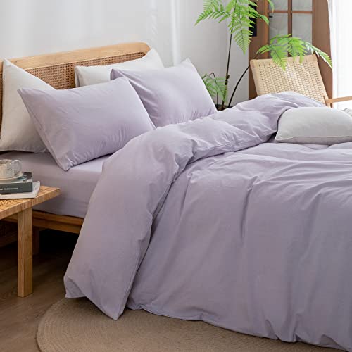 Image of BESTOUCH Cotton Solid Duvet Cover Set Linen Feel Taro Purple Twin | 100% Washed Cotton, Soft Wrinkle Texture, Hidden Zipper, 8 Ties, Breathable Lightweight Durable Comfy, 2 Pcs No Insert