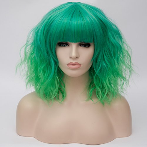 Oneustar Green Wig With Bangs Colored Wigs Short Bob Wavy Wigs For Girls Synthetic Cosplay Wig For Halloween Costume Party Fancy Dress 14 Inches #TOP4