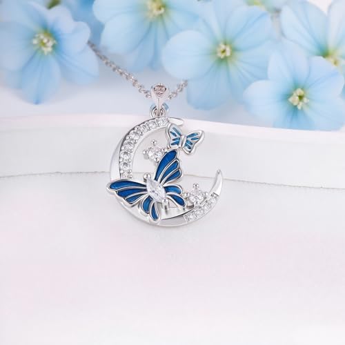 CZ Moon and Butterfly Necklace for Women S925 Sterling Silver Enamel Blue Butterfly Animal Pendant Moon Jewelry Birthday Anniversary Valentines Gifts for Wife Girlfriend Mom2