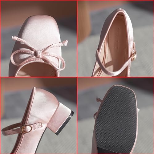 Zeberfi Women's Satin Bow Tie Low Chunky Heel Mary Jane Pumps Fashion Square Toe Shallow Mouth Adjustable Buckle Strap Low Block Heels Business Wedding Ballet Dress Shoes2