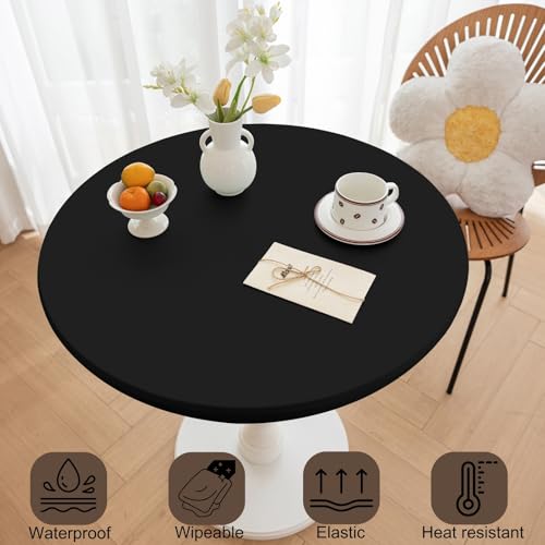 Huierxun Round Fitted PU Tablecloth with High Elastic Edge 28 Inch Dia Waterproof Oil Proof Table Cloth Anti-Scald Stain-Resistant Wipeable Table Cover for Indoor Outdoor Picnic (Black,28