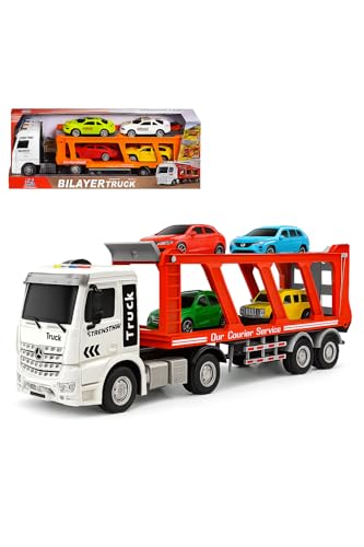 Image of RAMNATH Bilayer Car Transporter Truck Toy � Large Carrier Vehicle with 4 Die-Cast Cars, Friction Powered, Slide Ramp & Lights � Educational Push Truck Toy Gift for Kids Boys & Girls Ages 3+(I)