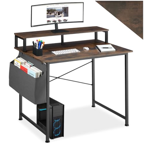 tectake® Scrivania 120x60x110cm con Ripiano rialzato per Monitor, Scrivania Gaming per Casa e Ufficio, Ideale Computer Portatile o Computer Fisso, Piedini Regolabili, Stile Industriale - Legno Scuro