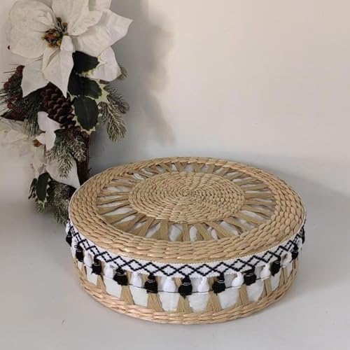 Boho Chic Meditation Cushion, Hand-Woven Round Floor Pillow, Portable Sitting Mat for Yoga, Meditation and Home Décor (Black)