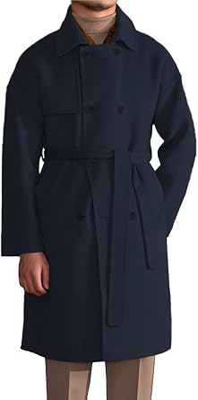 Mens Trench Overcoat Wool Blend Long Pea Coat Double Breasted Fall Winter Trendy Topcoat with Belt