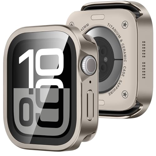 Amizee Metal Case Compatible with Apple Watch Series 11/10 42mm Case with Built-in Screen Protector, Straight Edge Ultra Thin with Back Cover Protective Cover for iWatch 42mm, Titanium by Amizee - Used condition - US$16.39
