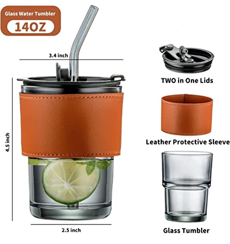 Image of ANKUL Beer Can Glass Tumbler with Straw and Lid Leather Band- 400ml- Pack of 1 - Mojito Sipper Mug with Lid for Kids Milk Cup with Straw (Lather Grey Tumbler, 1)