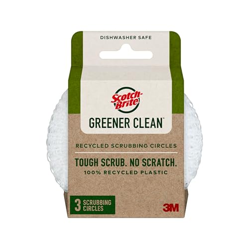 Scotch-Brite Greener Clean Recycled Scrubbing Circles, for Washing Dishes and Cleaning Kitchen, Superior Performance and Made with Sustainable Materials, Dishwasher Safe, 3 Scrubbing Circles
