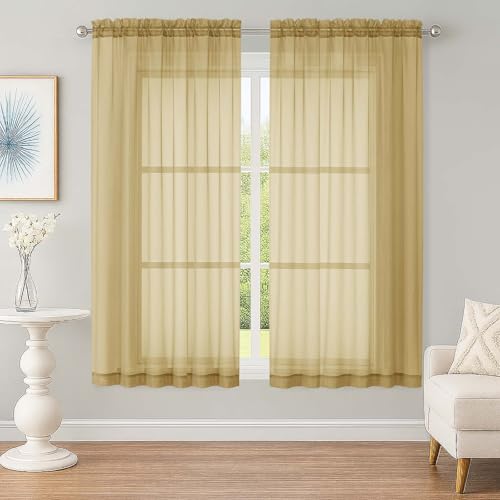 Image of OWENIE Sheer Gold Curtains, Sheer Curtains 63 inch Length 2 Panels Set, Rod Pocket Voile Fimly Sheer Drapes for Living Room Bedroom, 2pcs, Gold, Each 59 inch W x 63 inch L