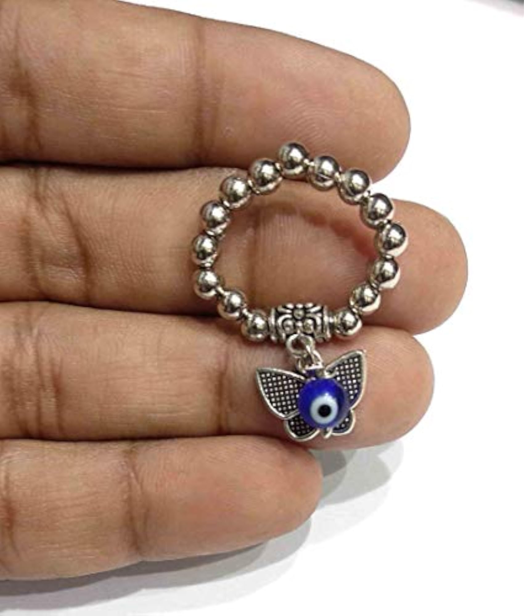 Oxidized Stretchable Ring with Evil Eye Beads & Butterfly