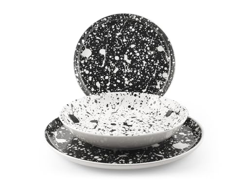 H&H, Servicio de mesa Noir, juego de 18 piezas, platos con diseño de salpicaduras blanco y negro, gres, lavable en lavavajillas