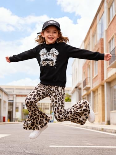 Image of KIDLAGA Toddler Girl Clothes Figure Graphic Drop Shoulder Top Pullover Leopard Print Flared Pants Fall Winter Outfit Set