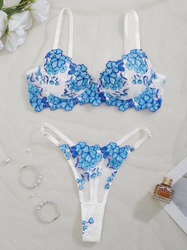 Image of Sexy Floral Embroidered Flower Mesh Underwire Push Up Lingerie Set