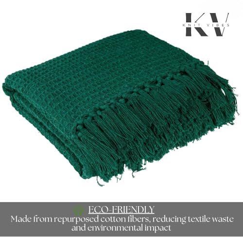 Image of 100% Cotton Waffle Weave Sofa Throw Blanket 50x60 Inches or 125x150 cms Lightweight, Soft & Breathable Couch, Bed or Chair Throw Blanket for Living or Bedroom, Bottle Green