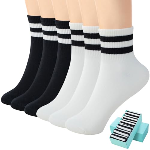 Image of SISOSOCK Quarter Crew Cotton Socks for Women Striped Athletic Casual Breathable Socks 6 Pairs with Gifts Box