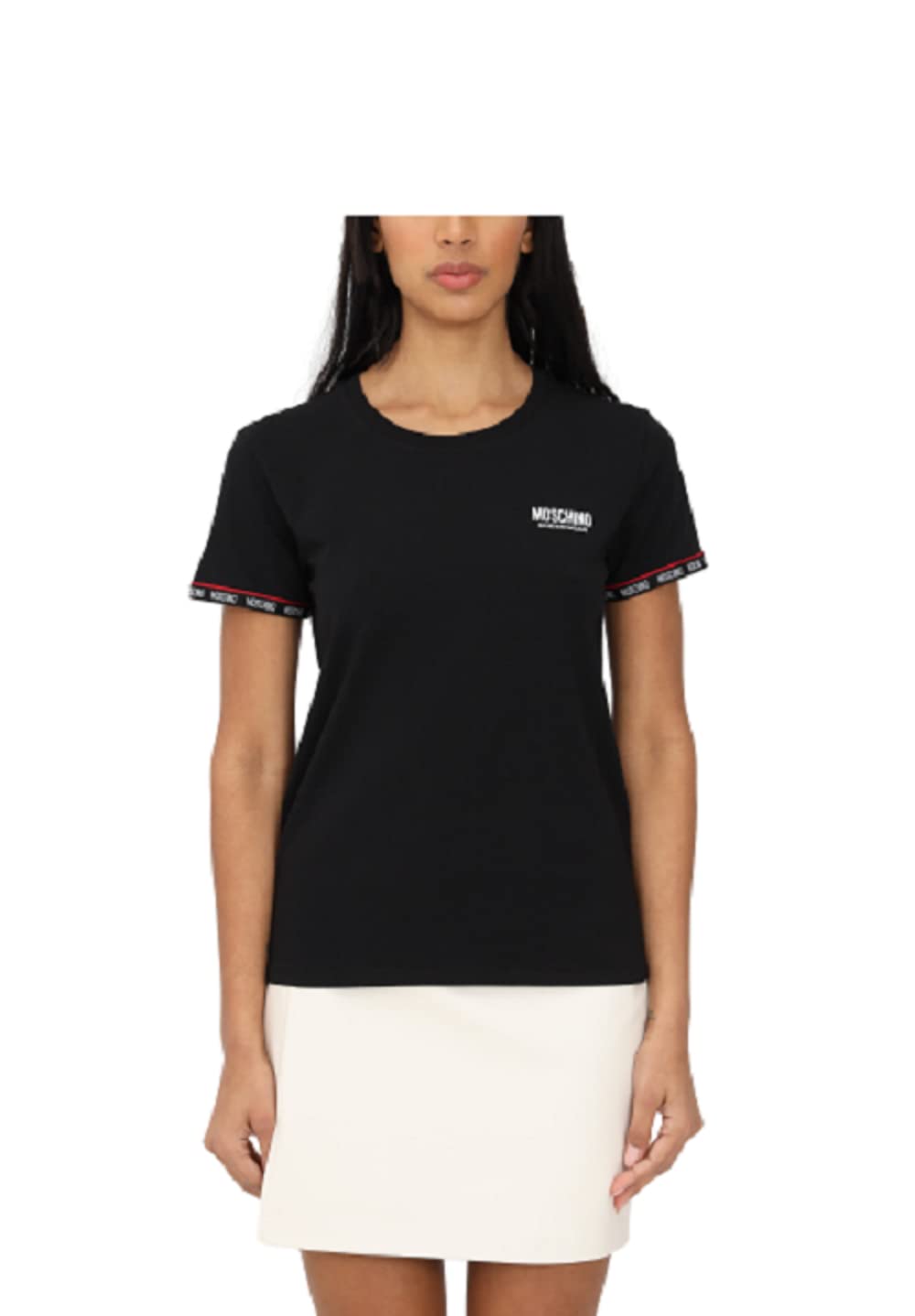 Moschino Damen-T-Shirt Schwarz mit elastischem Band Logo Saum Ärmel