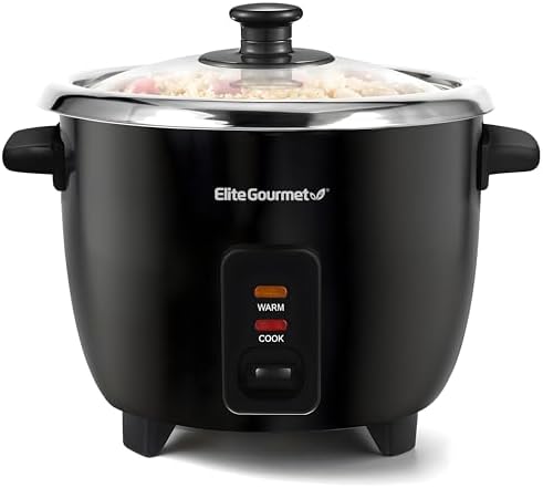 Elite Gourmet ERC006SS 6-Cup Electric Rice Cooker with 304 Surgical Grade Stainless Steel Inner Pot, Makes Soups, Stews, Porridges, Grains and Cereals, 6 cup (3 cups uncooked), Black