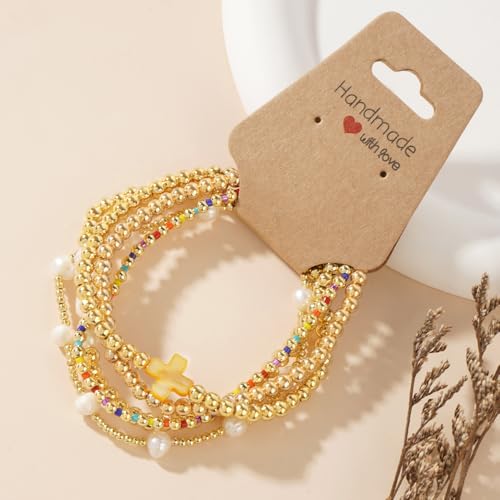 14K Gold Plated Pearl Beaded Cross Bracelets Stack Set for Women,Stretch Boho Colorful Christian Beads Ball Jewelry Friendship Summer Trendy Gift4