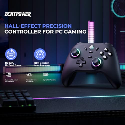 Image of ECHTPower Gaming Controller for PC /iOS /Android /Switch | Tri-Mode BT /2.4G /Wired Connection, Hall Effect Joystick, 1000Hz Polling Rate, 800mAh Battery, Adjustable Turbo /Vibration