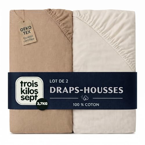 Trois Kilos Sept - Drap Housse Bébé - 100% Coton Jersey Extensible - Doux & Confortable - Bords Elastiqués - Label Oeko-TEX® Standard 100 - Beige Sable &...