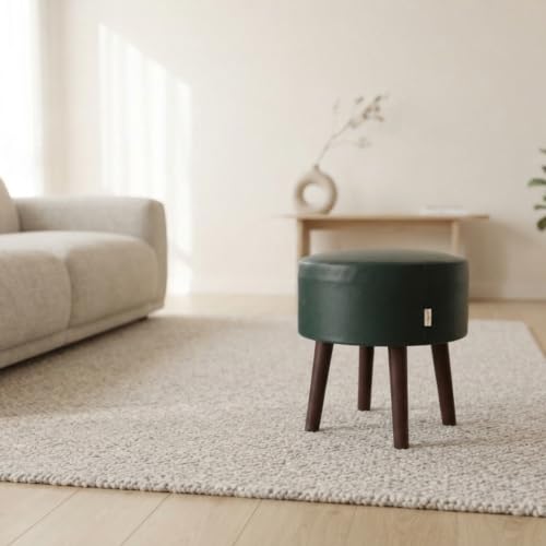 Image of Stool Ottoman Pouffes for Living Room, Kitchen, Home, Office Furniture with Soft Cotton Cushion Mudda Footrest Stool for Chair Sofa Bed Dressing, Green Leather (17 Inch Pack of 1)