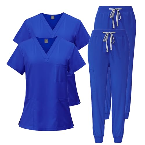 Bild: Meichoon Damen Scrubs Set 2 St�ck Stretch Top mit V-Ausschnitt Weiche schmal zulaufende Hose Schwei�absorbierend Schnell Trocknend 3 Taschen DK05Blue S f�r 37,99 EUR (-4%) statt 29,99 EUR bei amazon.de