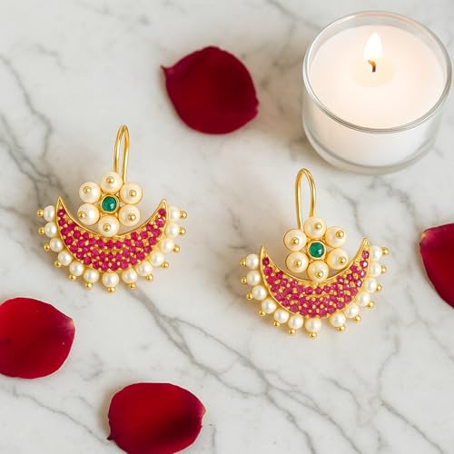 Image of VAMA FASHIONS 18K Gold Plated Bugdi Half Moon Clip On Earrings Ruby Stones Pearl Drops Traditional Maharashtrian Bugadi Upper Ear Jewelry For Women & Girls
