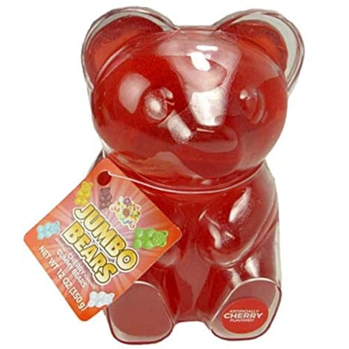 Jumbo Gummy Bear 12 oz Red Cherry Flavored Giant Candy 4 Inch Tall Big Bite Gummy In Reusable Case...