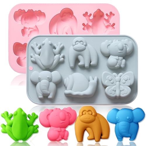 2 Pack Chocolate Molds Elephant Monkey Frog Silicone Molds for Cake Gummy Jello Ice Cube Crayon, Cake Decoration Soap Molds Silicone Baking Mold Making Kit, Lovely & Fun for Kids