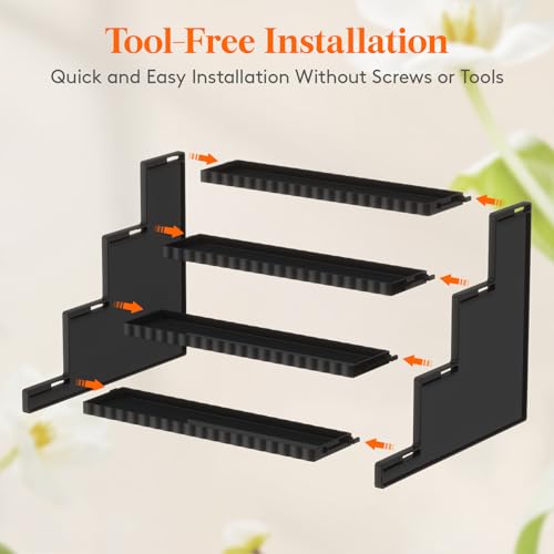 Lifewit 4 Tier Black Display Riser Stand with Decorative Secure Fences, Tool-free Assembly, Plastic 12 Inch Cologne Perfume Organizer, Display for Figures, Cupcake, Dessert, 1-pack